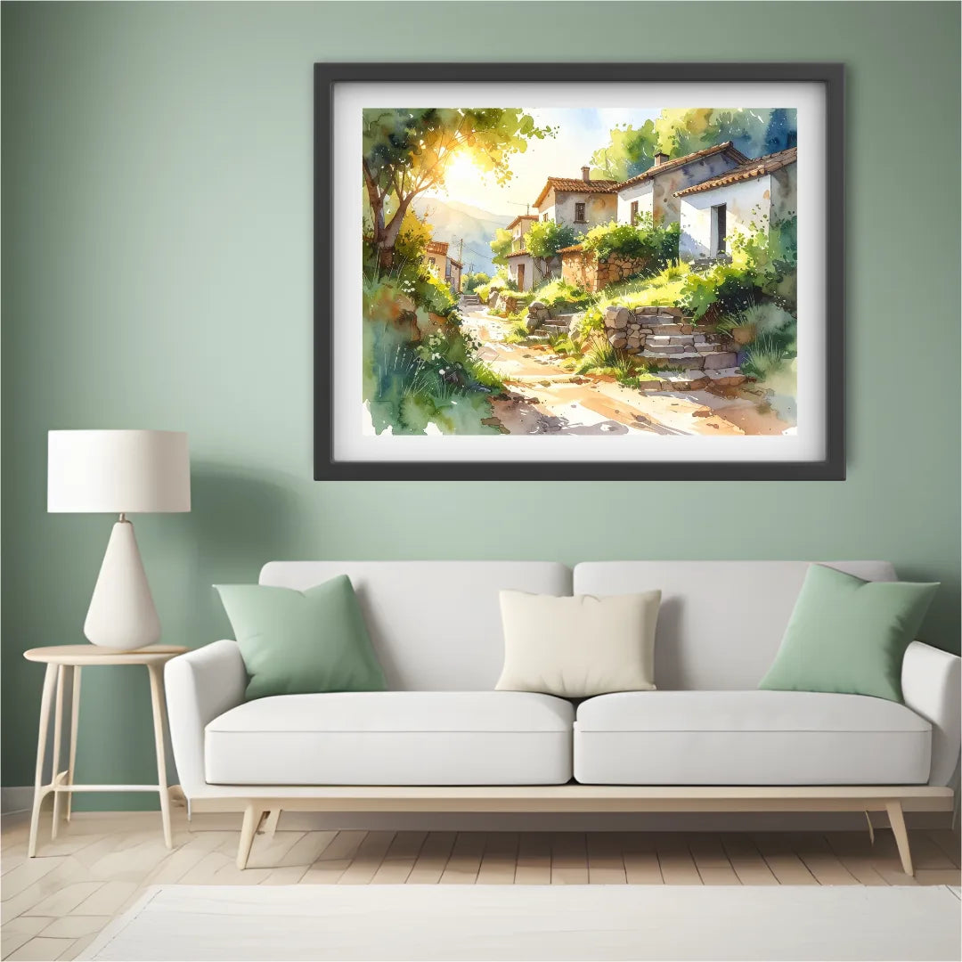 Sunlit Countryside Village Watercolor Painting – Wall Art Canvas