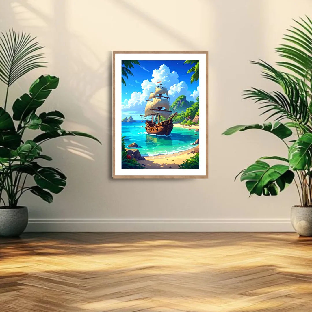 Tropical Paradise Pirate Ship Retro Canvas Art