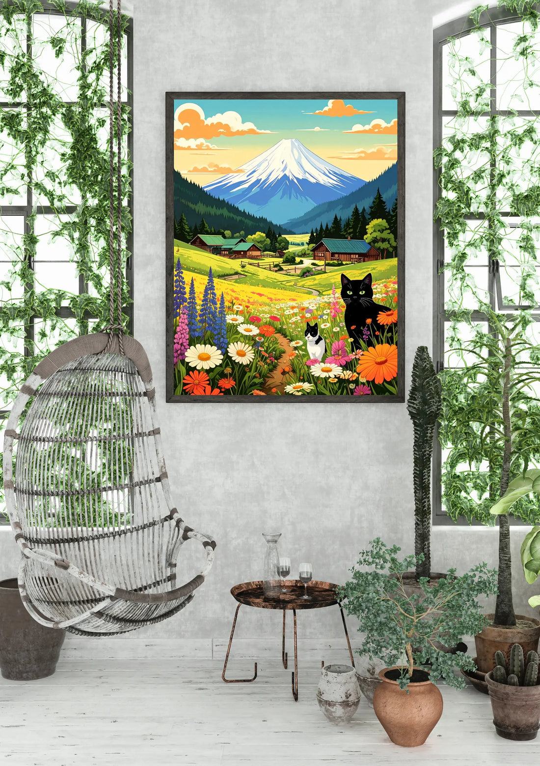Mountain Village Cats Landscape Art