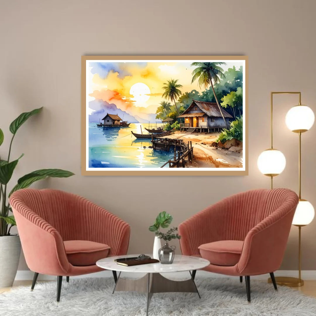 Tropical Beach Village Sunset Watercolor Painting – Wall Art Canvas
