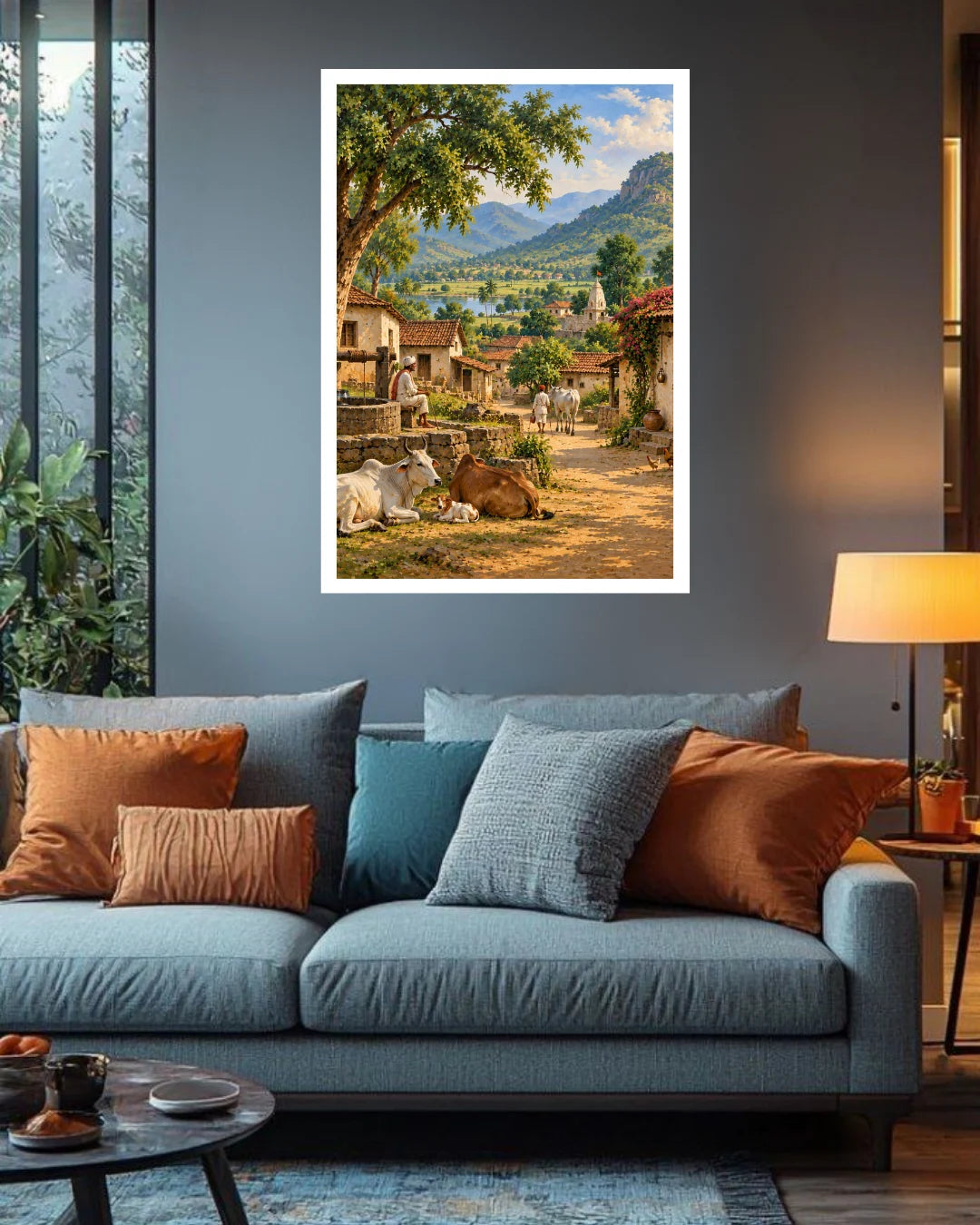 Serene Indian Village Landscape - Wall Art Canvass
