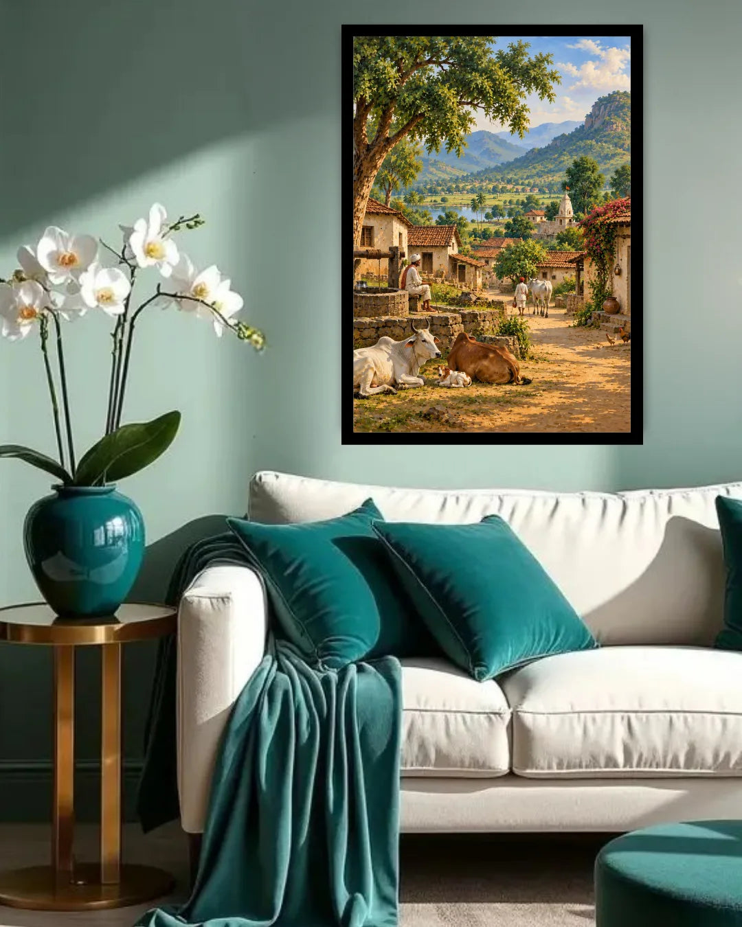 Serene Indian Village Landscape - Wall Art Canvass