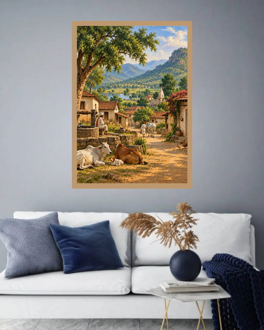 Serene Indian Village Landscape - Wall Art Canvass