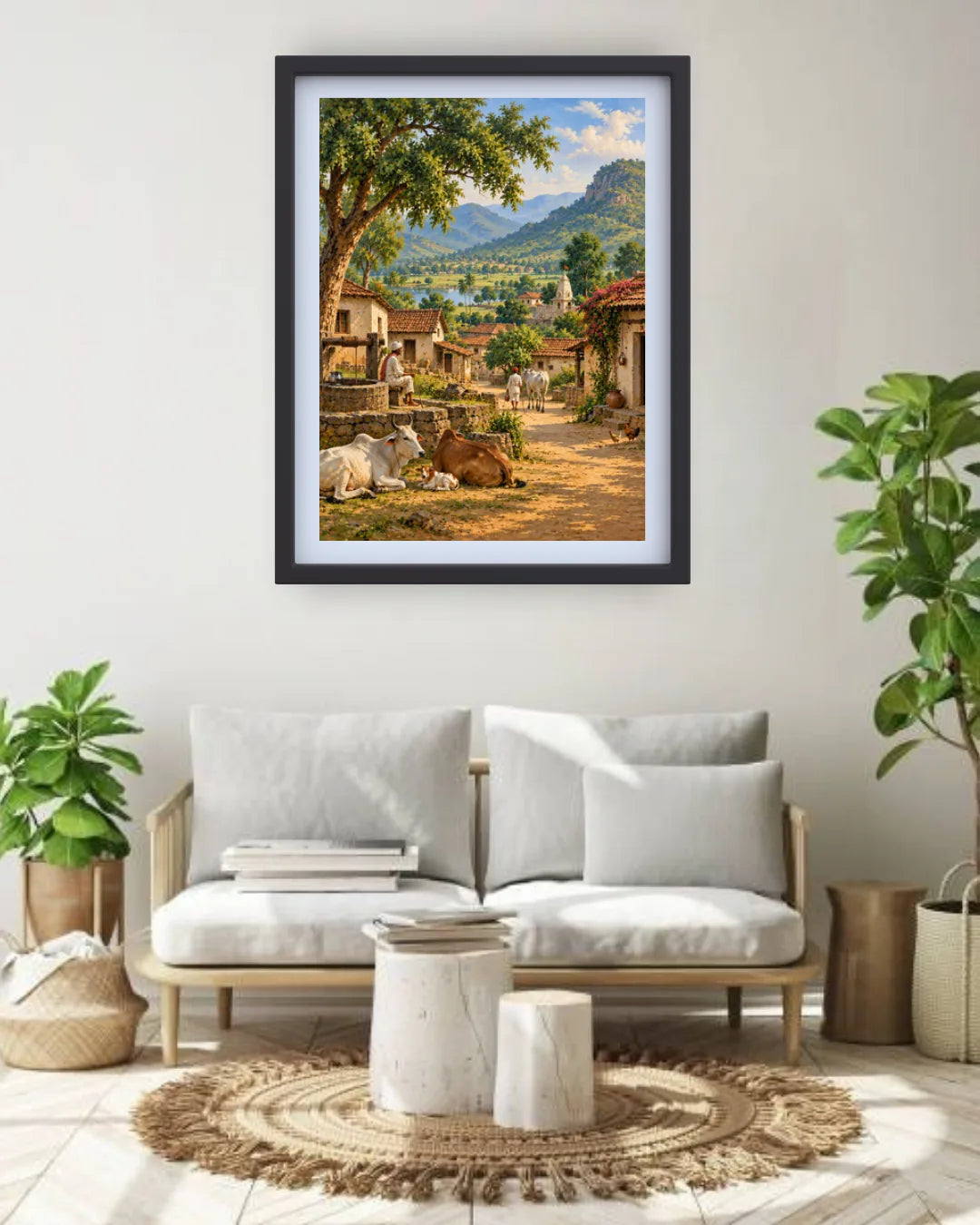 Serene Indian Village Landscape - Wall Art Canvass
