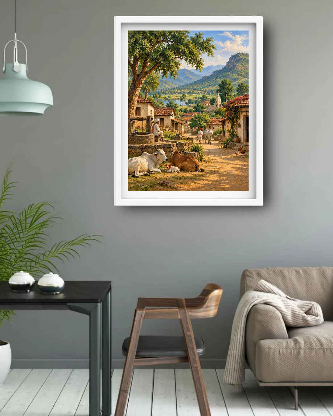 Serene Indian Village Landscape - Wall Art Canvass