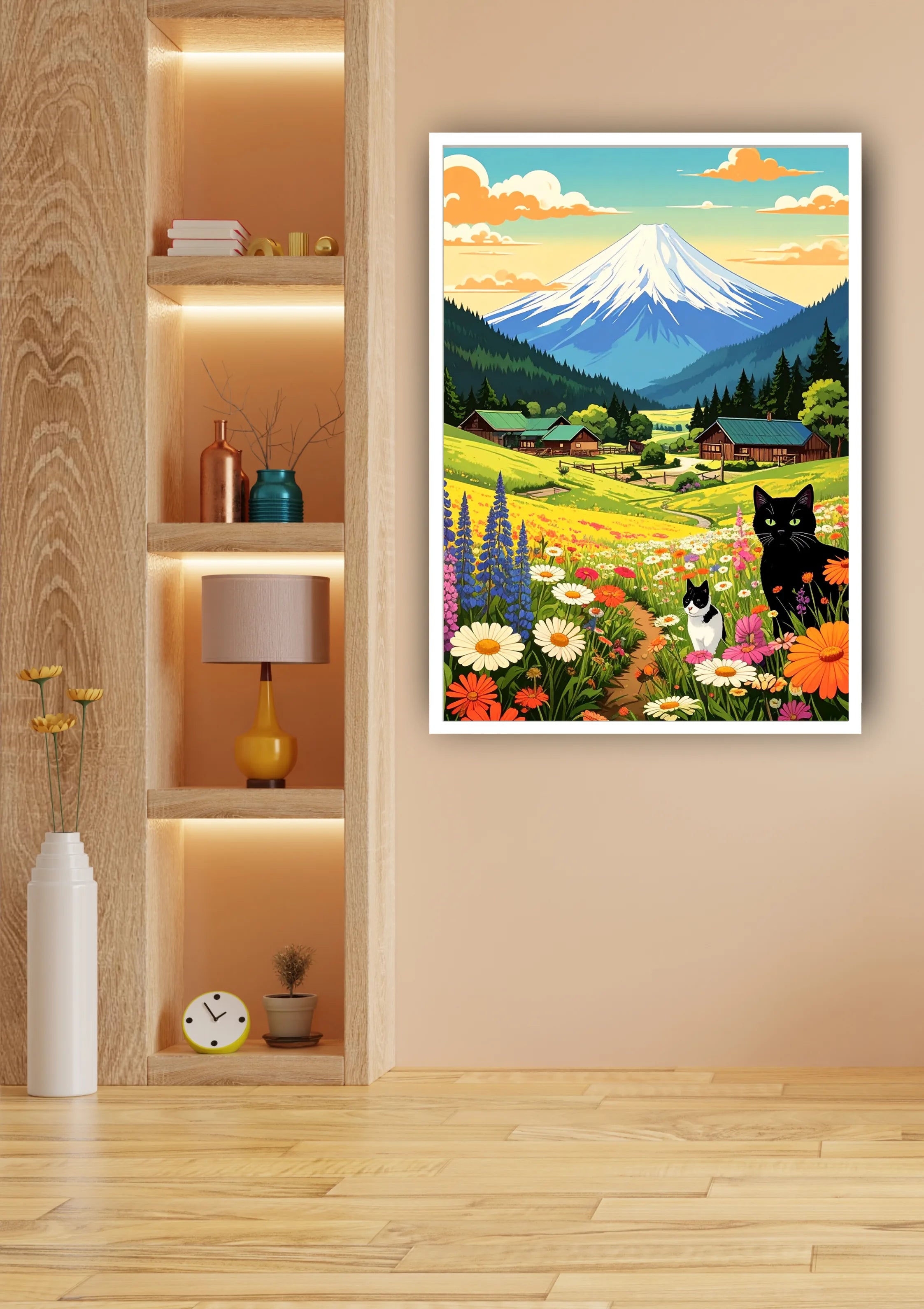 Mountain Village Cats Landscape Art