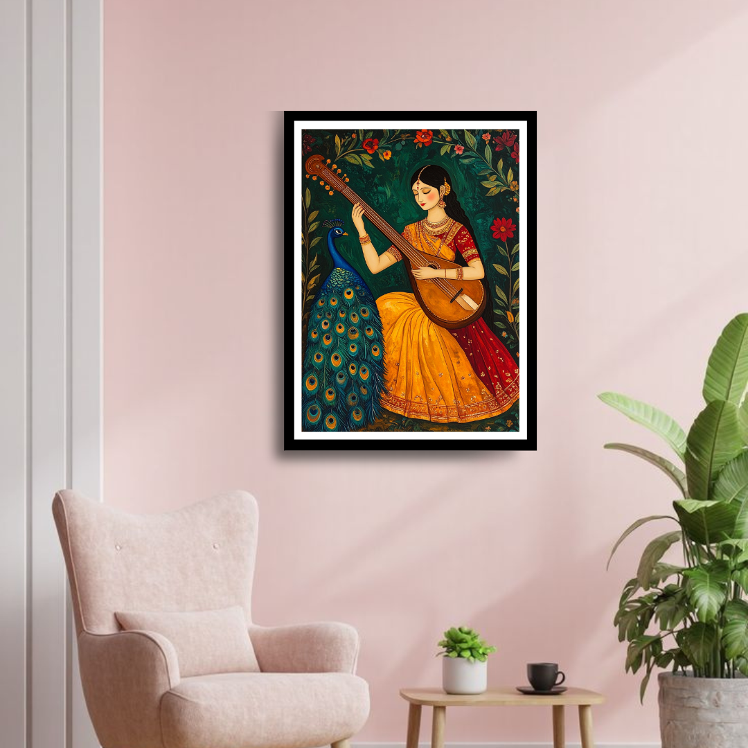 Indian Woman Sitar Peacock Traditional Canvas Art