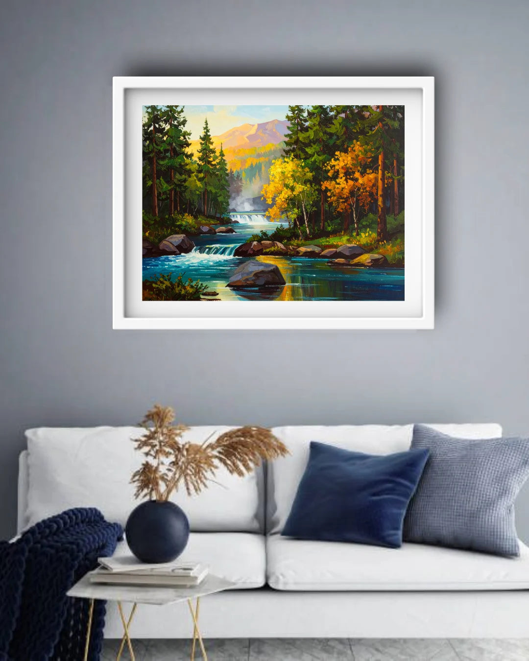 Autumn Forest River &amp; Mountain Landscape - Wall Art Canvas WallArtVibes