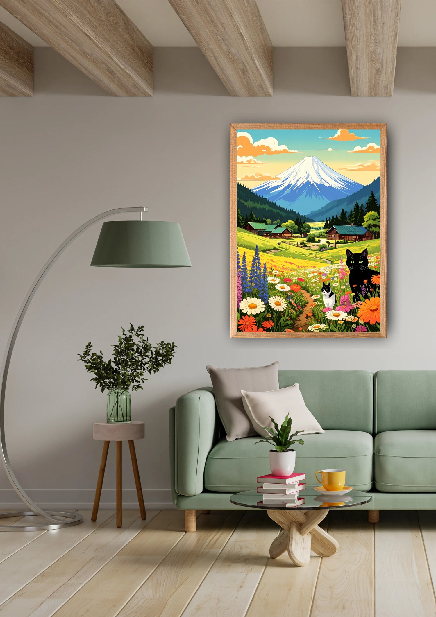 Mountain Village Cats Landscape Art