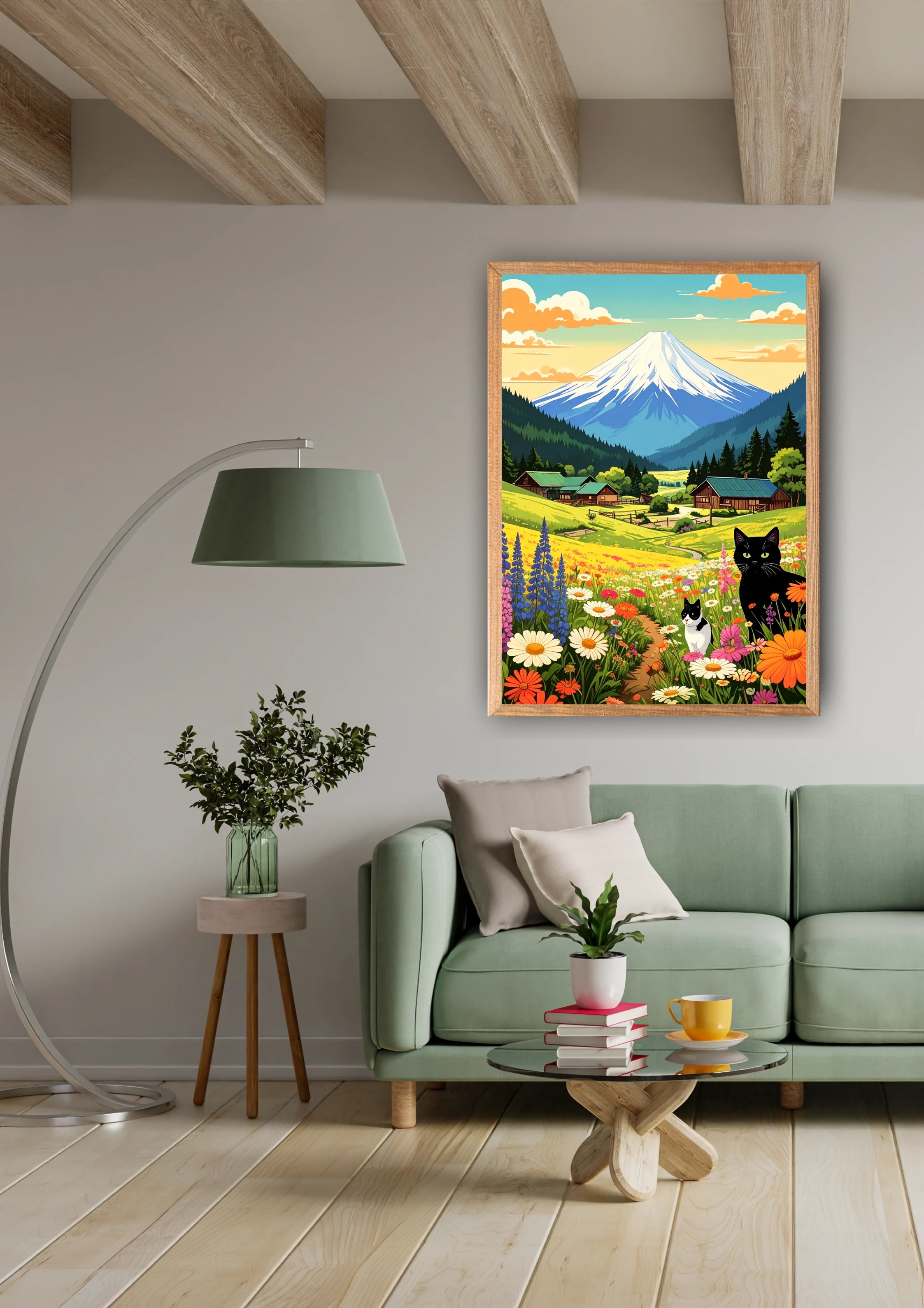 Mountain Village Cats Landscape Art