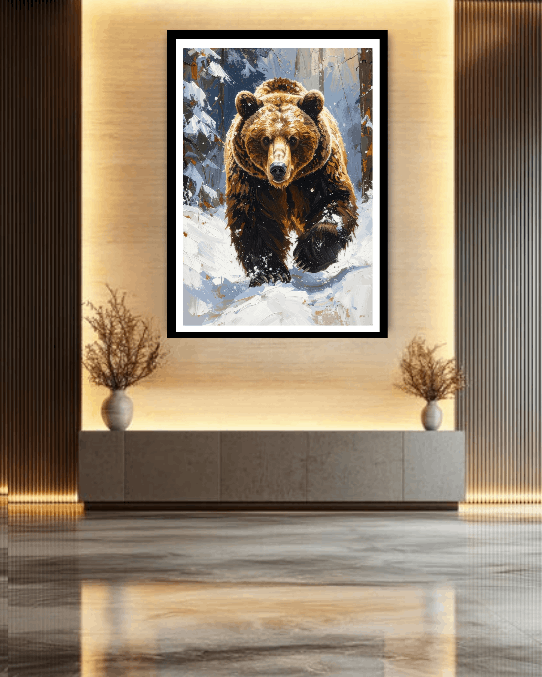 Framed picture of a bear in a snowy forest on a wall in a modern interior.