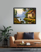 Peaceful Indian Riverside Village Landscape Wall Art Painting WallArtVibes