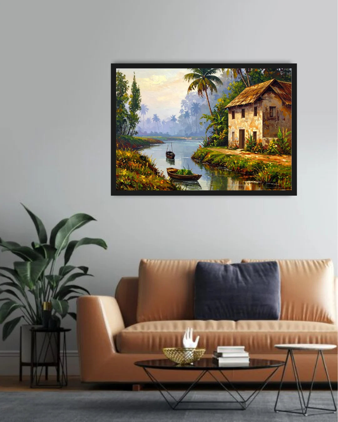 Peaceful Indian Riverside Village Landscape Wall Art Painting WallArtVibes