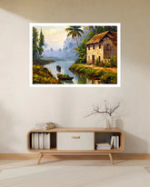 Peaceful Indian Riverside Village Landscape Wall Art Painting WallArtVibes