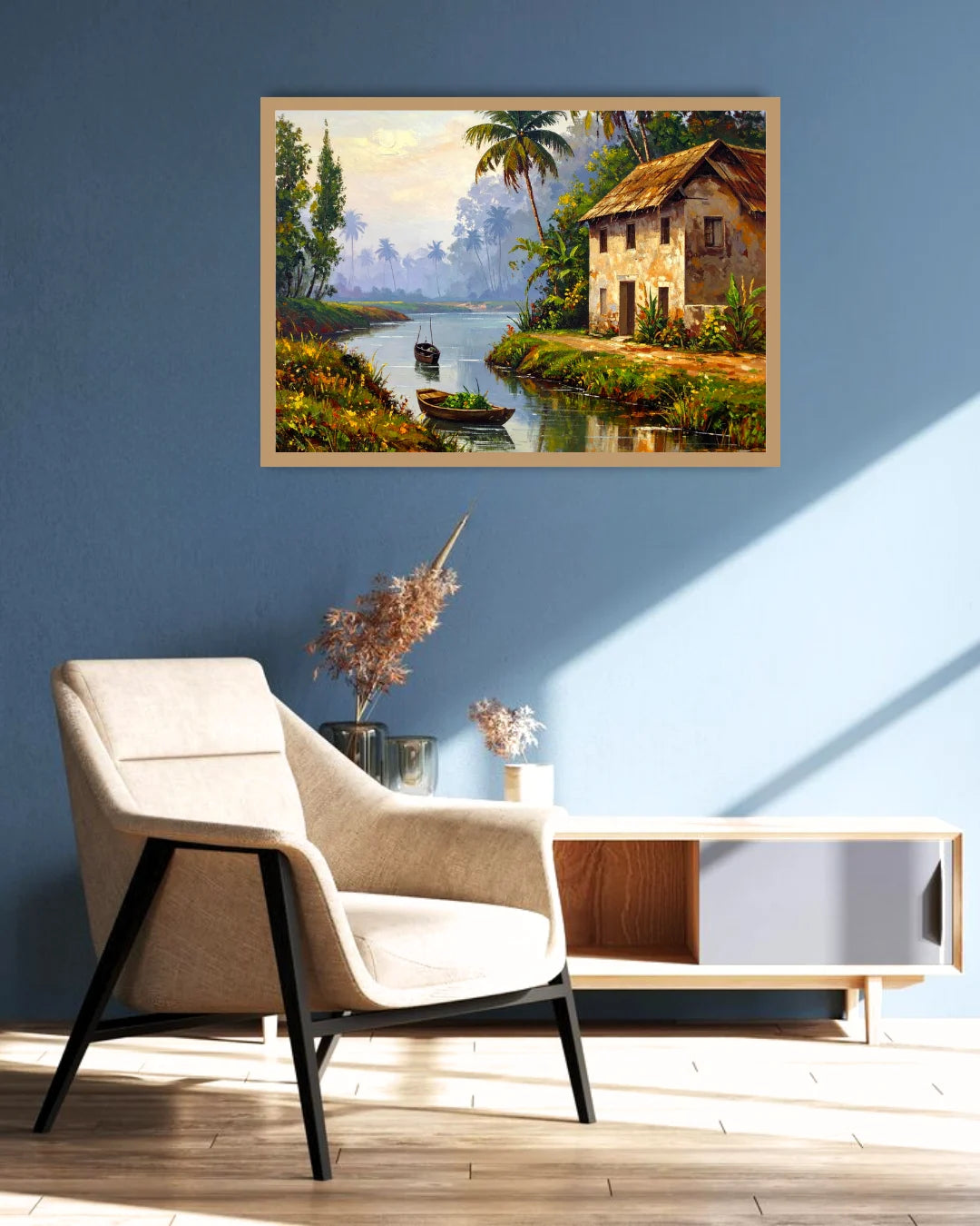 Peaceful Indian Riverside Village Landscape Wall Art Painting WallArtVibes