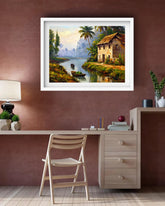 Peaceful Indian Riverside Village Landscape Wall Art Painting WallArtVibes