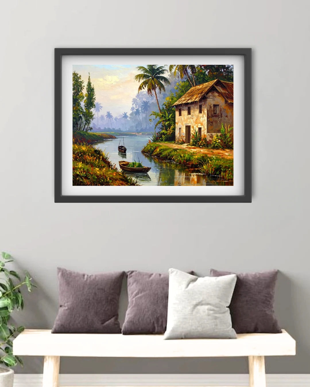 Peaceful Indian Riverside Village Landscape Wall Art Painting WallArtVibes