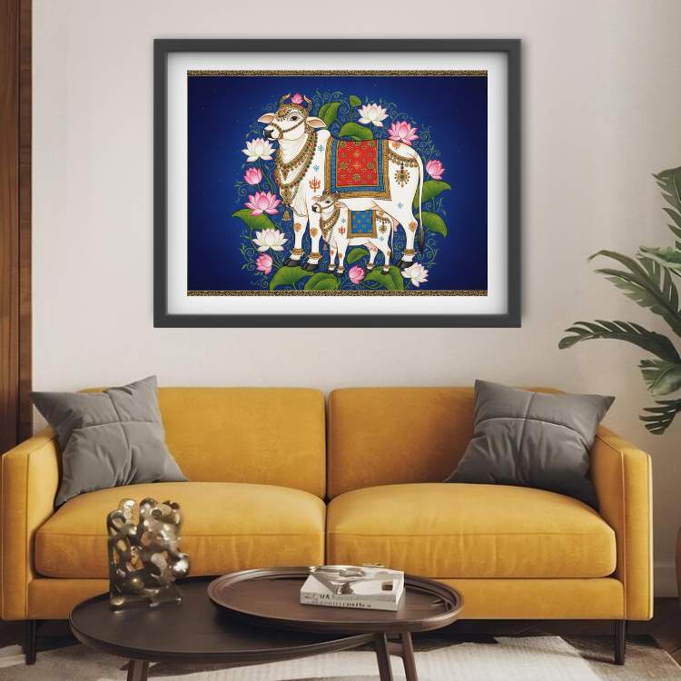 Divine Kamdhenu Cow &amp; Calf – Royal Blue Lotus Wall Art Canvas WallArtVibes