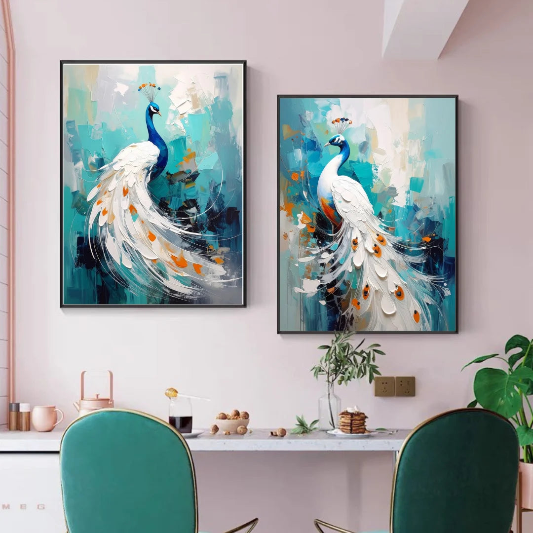 White Peacocks Diptych - Set Of 2 - Wall Art Canvas