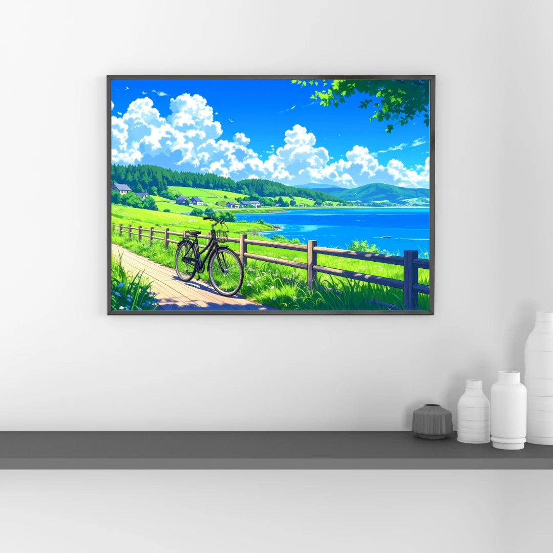 Countryside Lake Cycling Path Retro Canvas Art