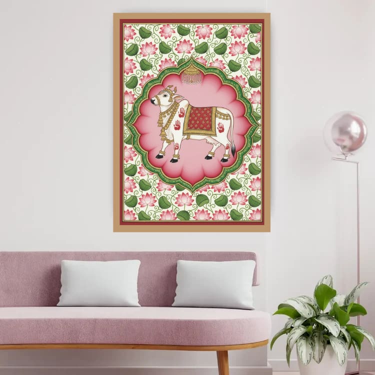 Blessed Kamdhenu Cow – Royal Pink Aura Wall Art Canvas WallArtVibes
