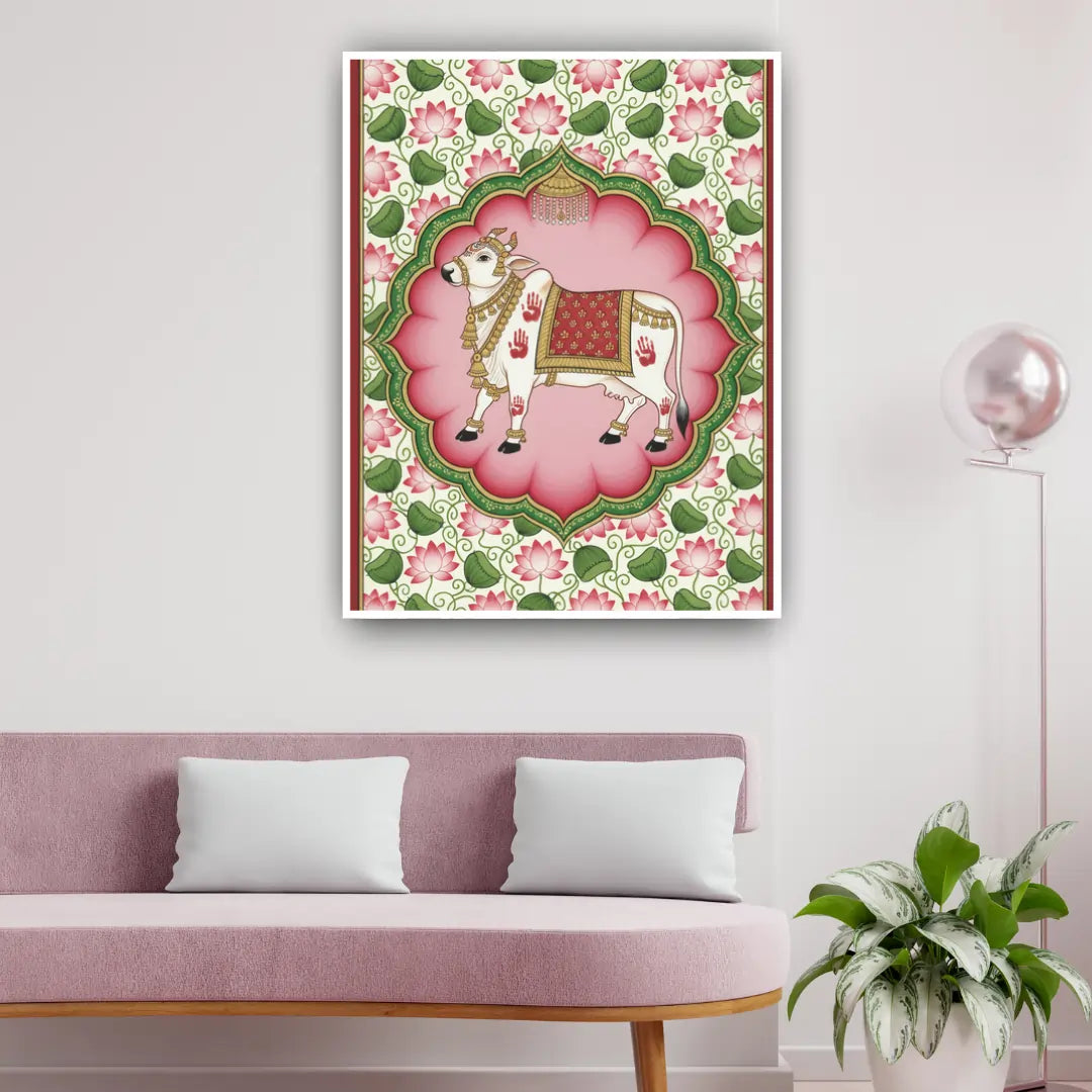Blessed Kamdhenu Cow – Royal Pink Aura Wall Art Canvas