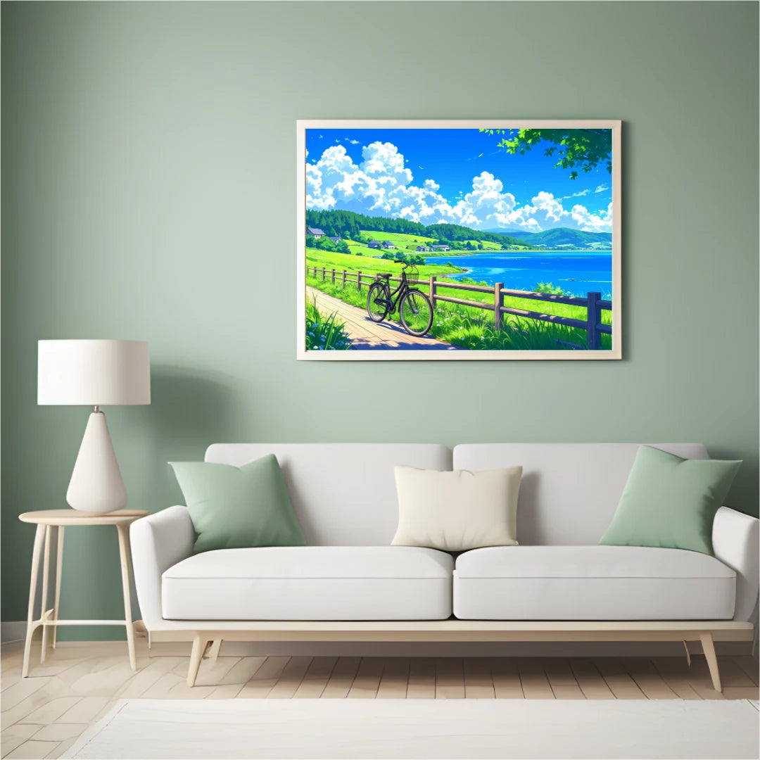 Countryside Lake Cycling Path Retro Canvas Art