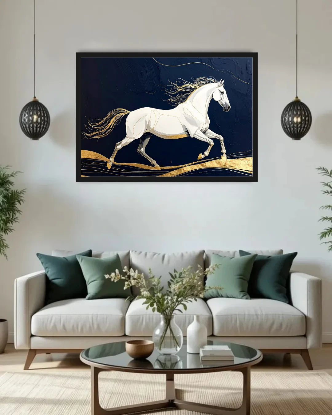 Majestic White Horse Navy &amp; Gold Wall Art Painting WallArtVibes