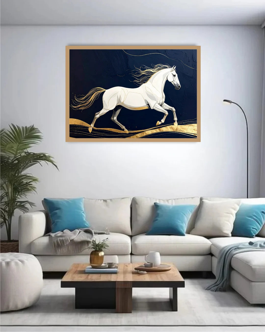 Majestic White Horse Navy &amp; Gold Wall Art Painting WallArtVibes