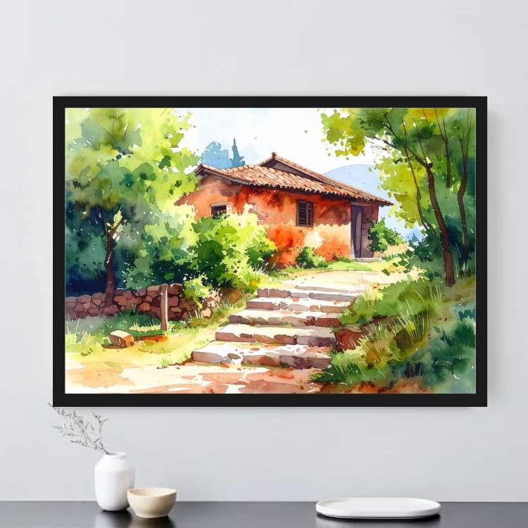 Peaceful Village House Watercolor - Wall Art Canvas
