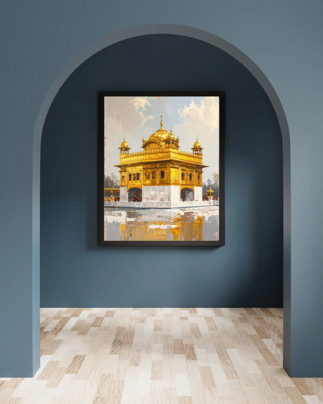 Golden Temple wall art canvas painting displayed in arched interior decor
