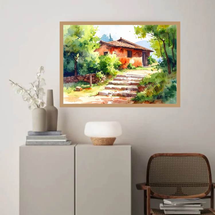Peaceful Village House Watercolor - Wall Art Canvas