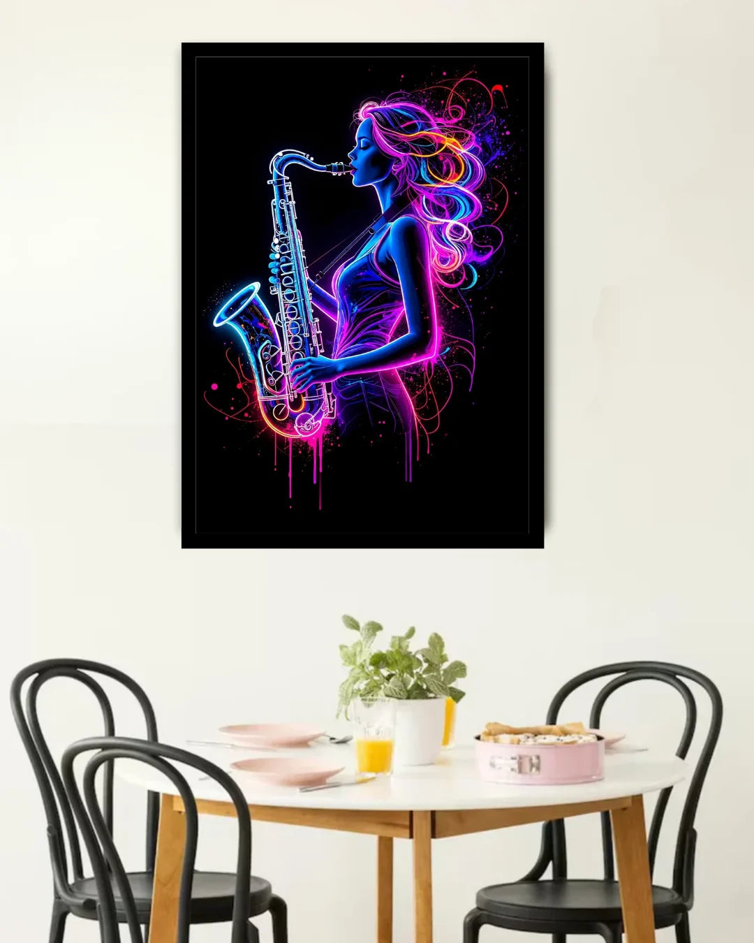 Neon Saxophone Girl Jazz Music Wall Art Painting WallArtVibes