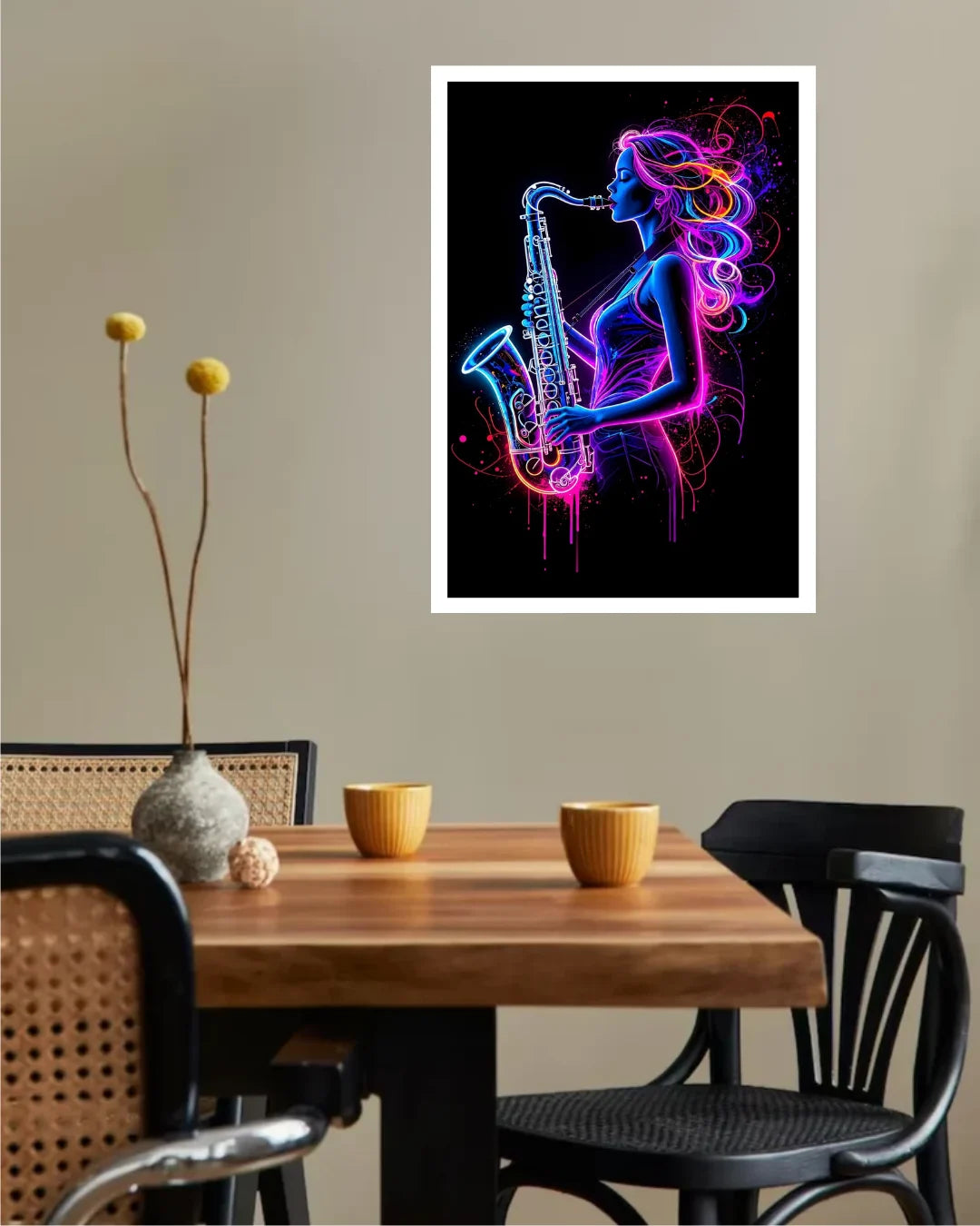 Neon Saxophone Girl Jazz Music Wall Art Painting WallArtVibes