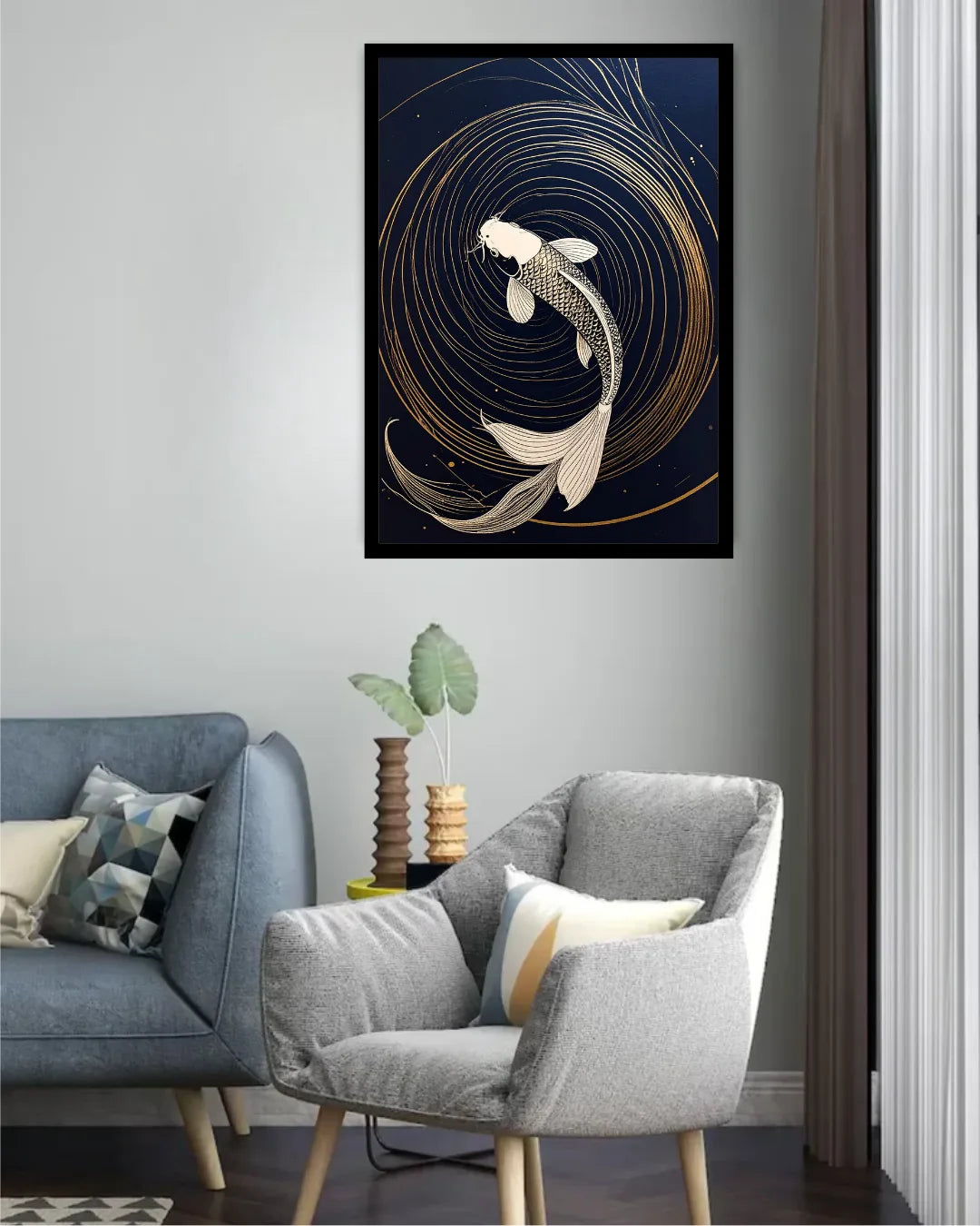 Golden Koi Fish Navy Blue Luxury Wall Art Painting