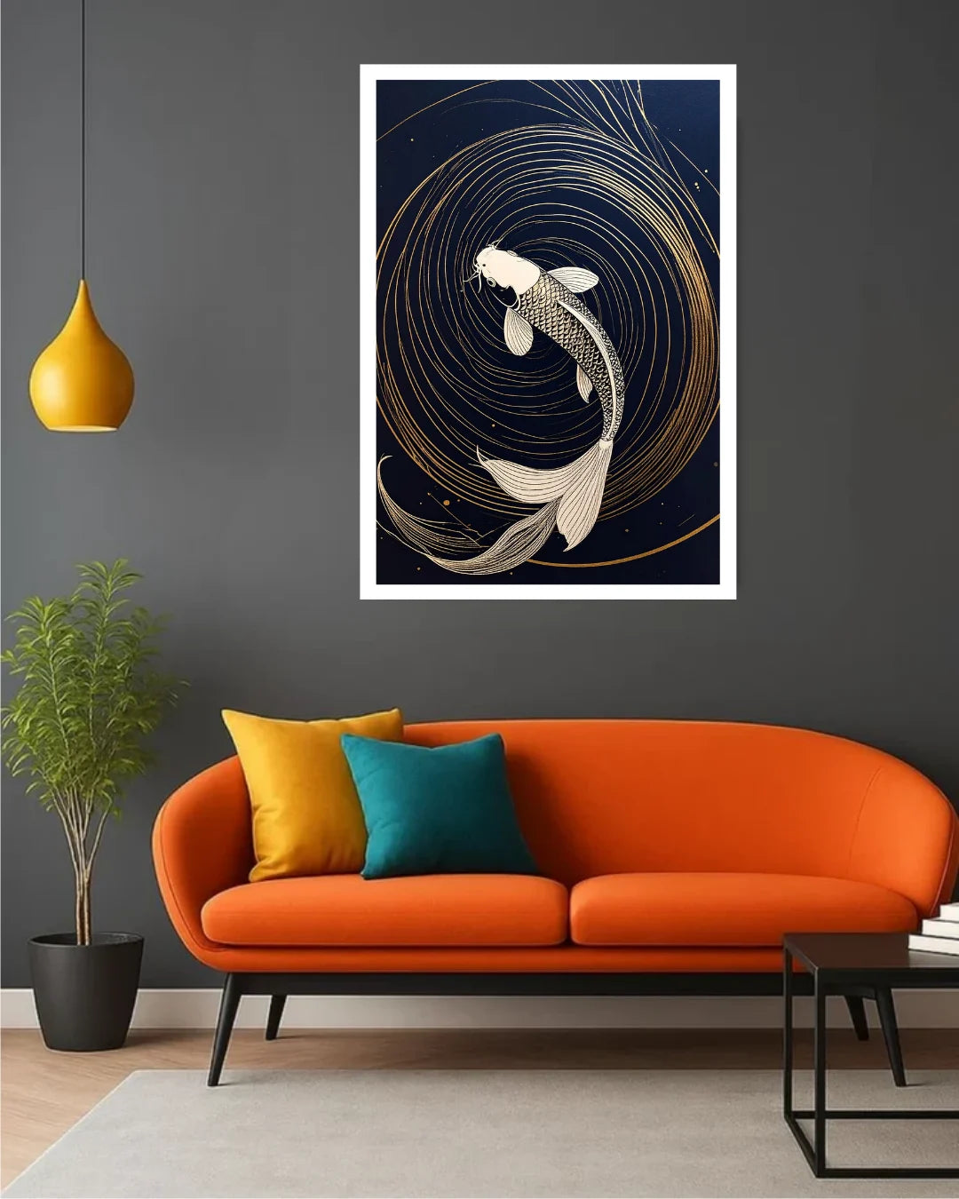 Golden Koi Fish Navy Blue Luxury Wall Art Painting