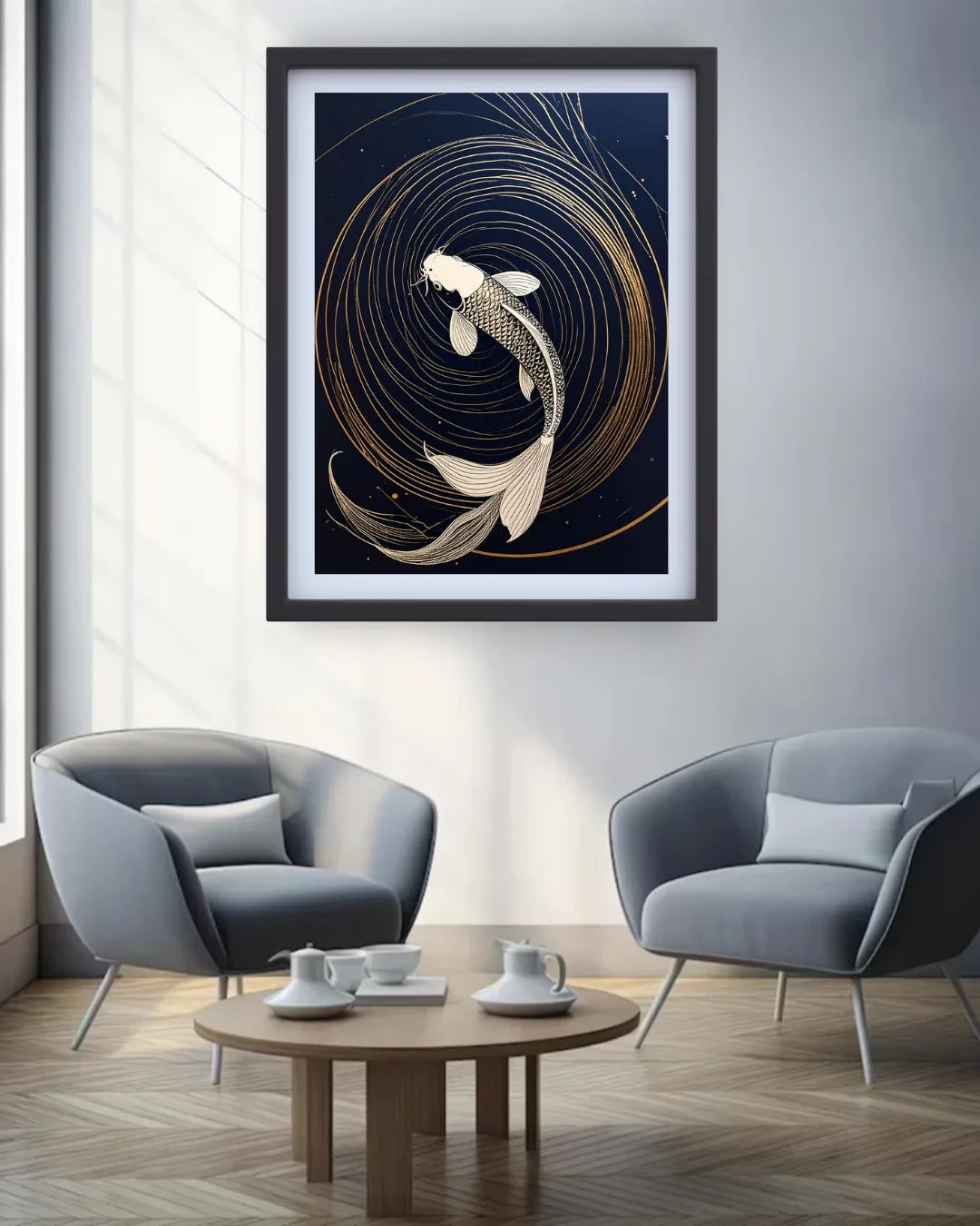 Golden Koi Fish Navy Blue Luxury Wall Art Painting
