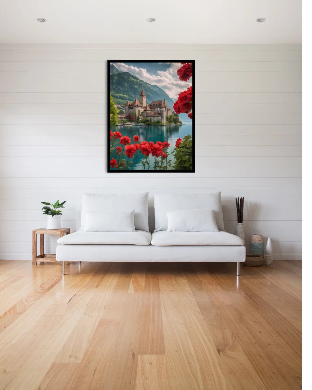 Mountain landscape wall painting with red flowers in living room interior
