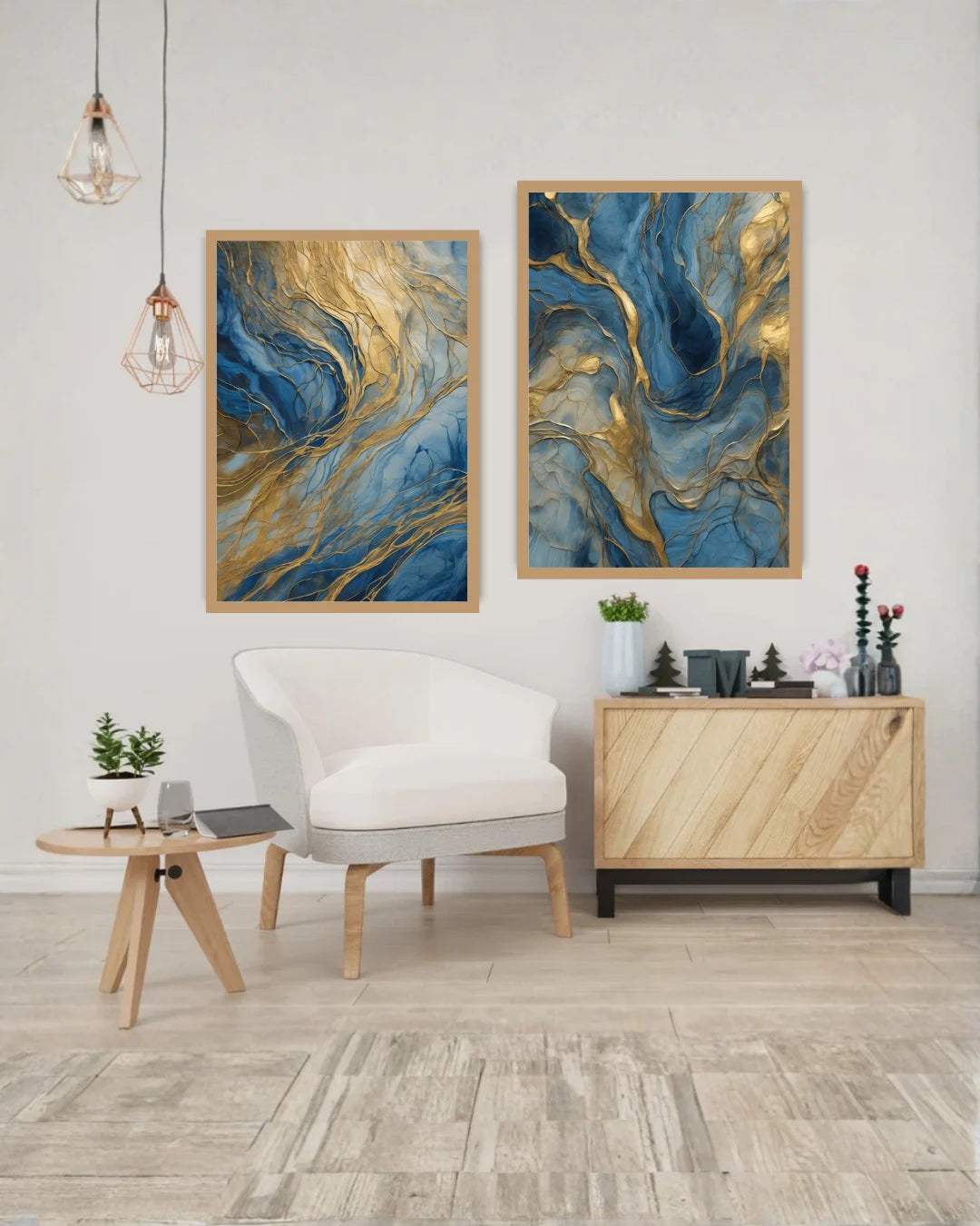 Blue Gold Fluid - Set Of 2 - Wall Art Canvas