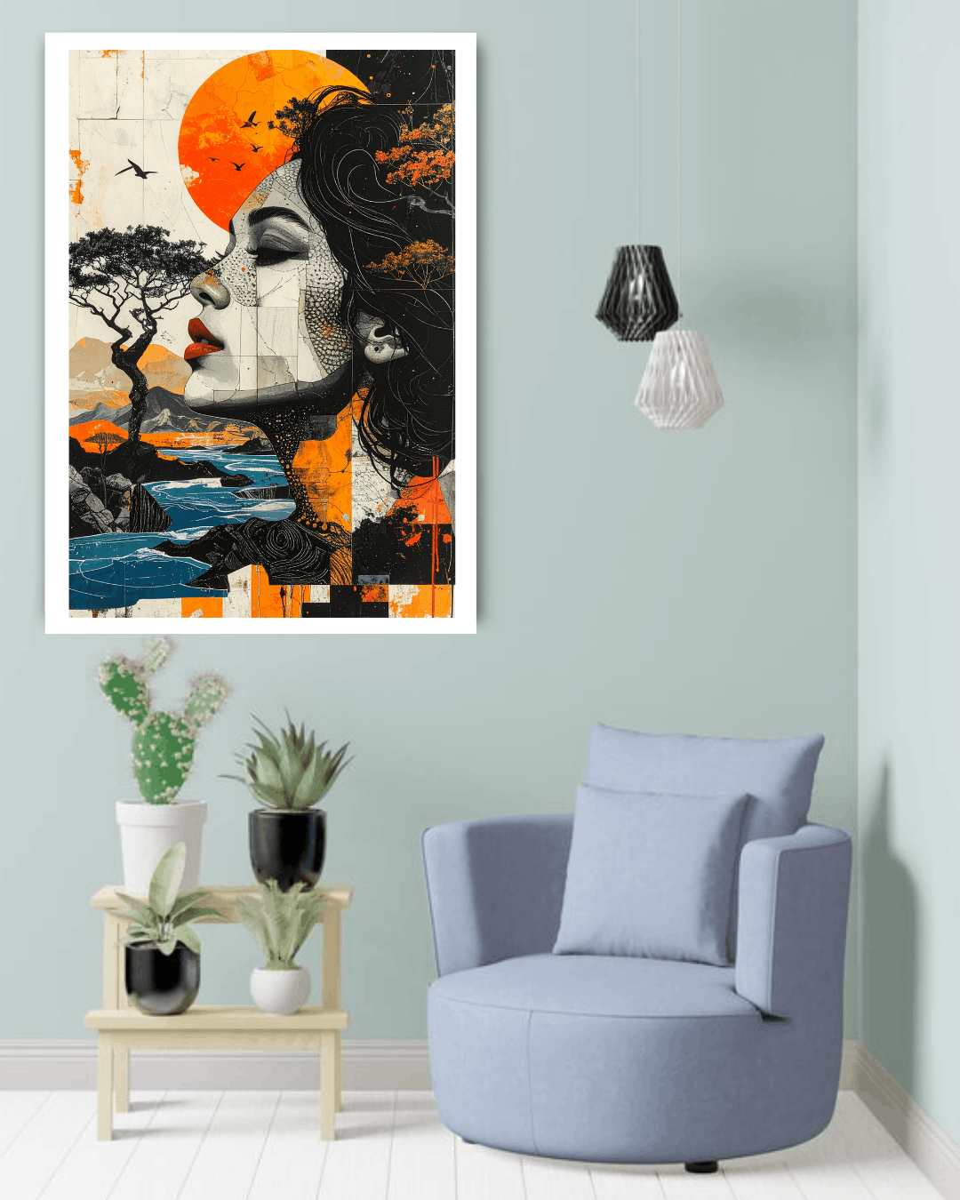 Modern interior with a blue armchair, small table with plants, and a colorful abstract painting on the wall.