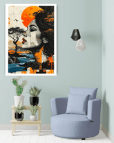 Modern interior with a blue armchair, small table with plants, and a colorful abstract painting on the wall.