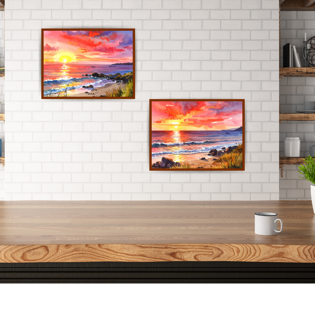 Sunset Beach Canvas Painting- Watercolor Coastal Wall Art