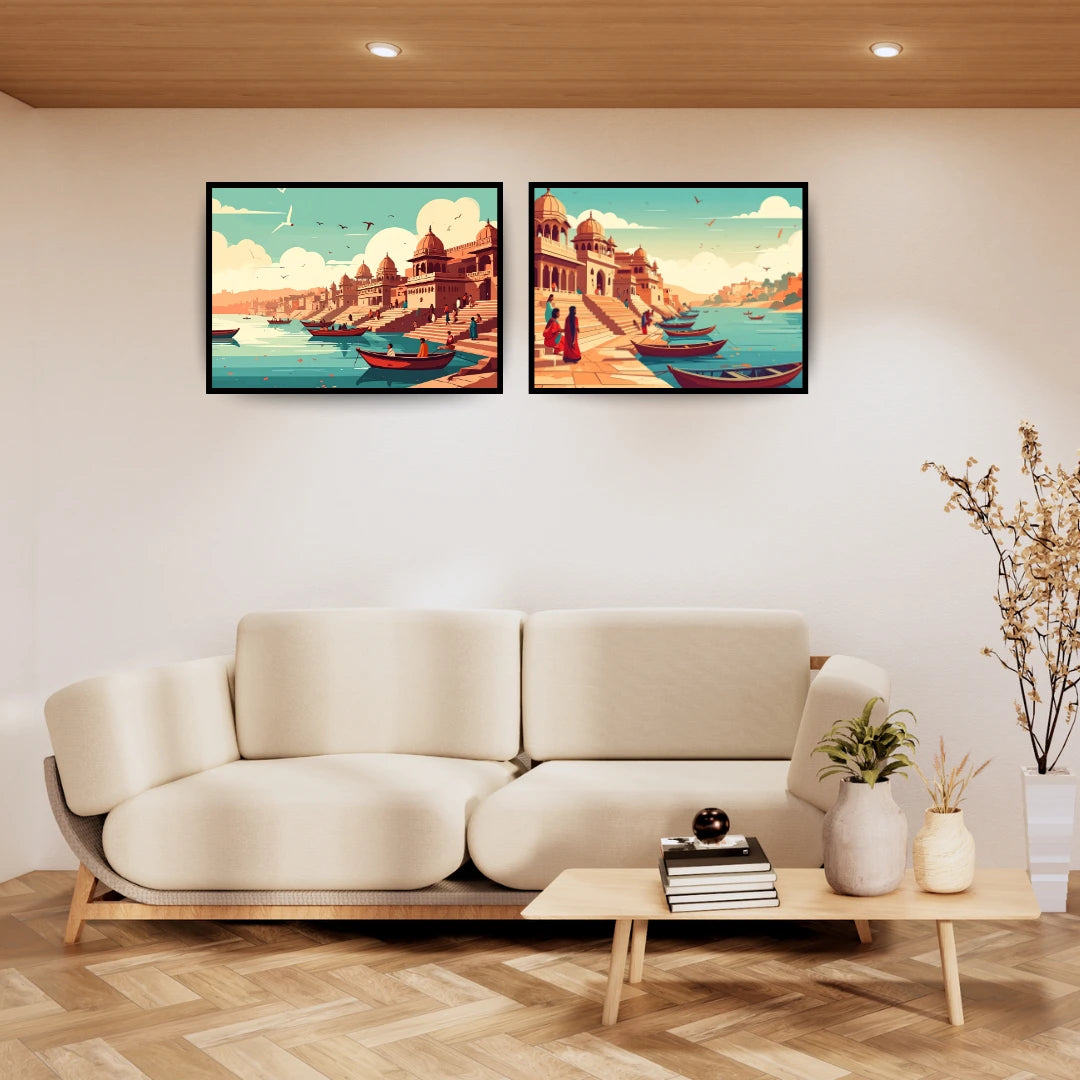 Indian riverside ghat canvas wall art set of two
