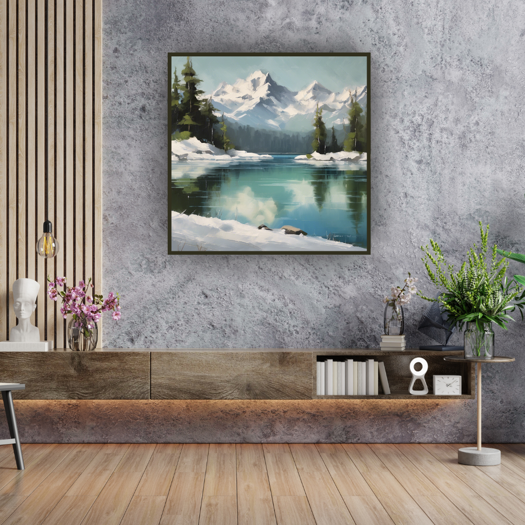 Winter Mountain Lake Canvas Art - Snow Forest Reflection Wall Art