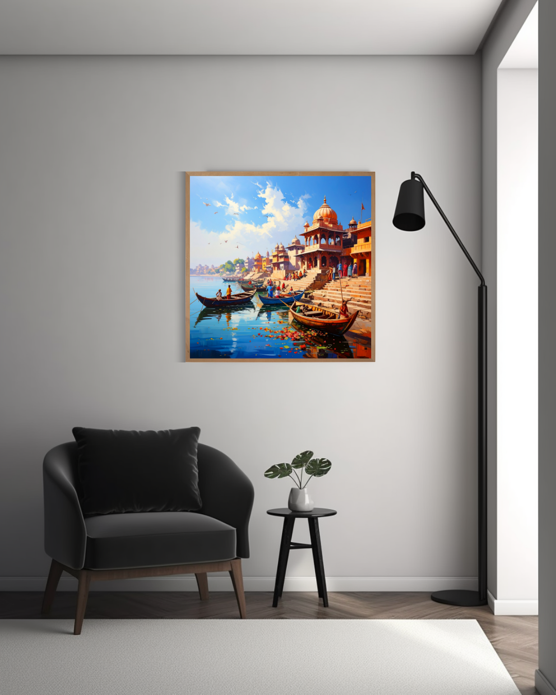 Traditional riverside temple canvas painting for wall decor
