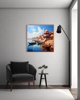 Traditional riverside temple canvas painting for wall decor
