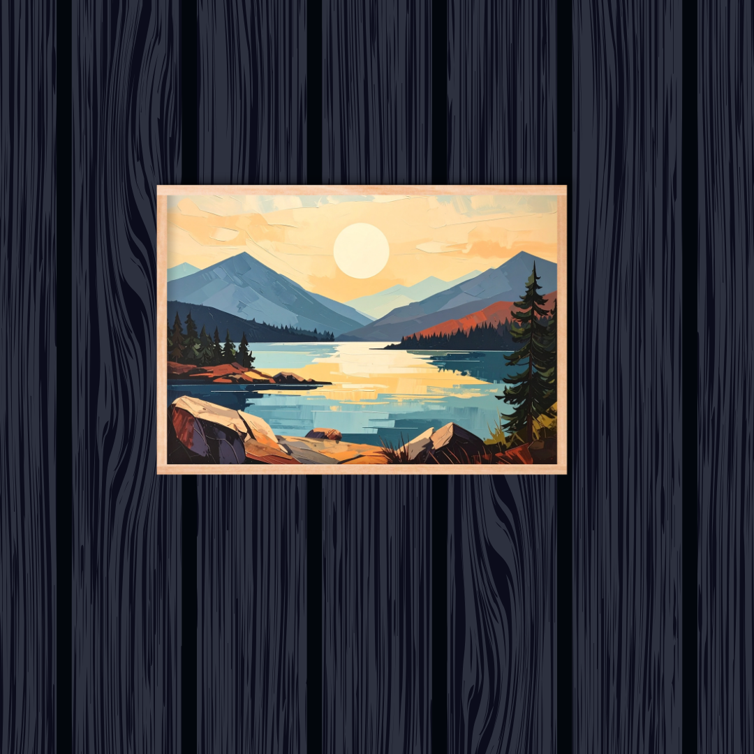 Geometric Mountain Lake Sunset Canvas Art - Retro Nature