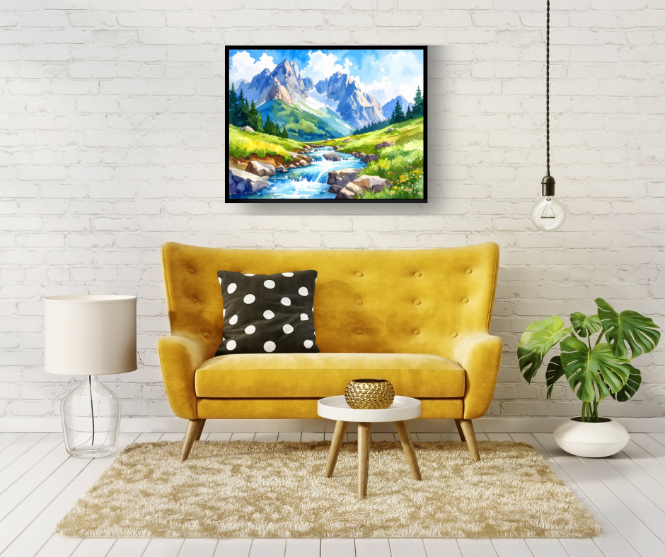 Flowing Mountain Stream Canvas - Alpine Watercolor Wall Decor