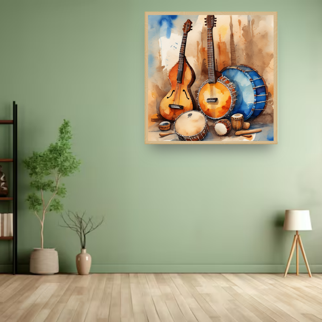 Musical Instruments Still Life Art - Watercolor Canvas Painting