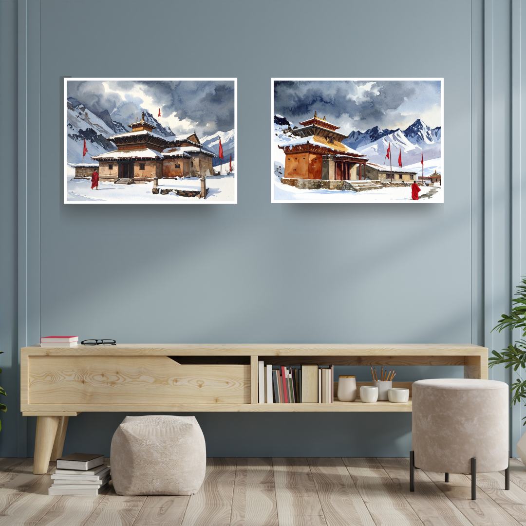 Snow mountain house canvas wall art painting
